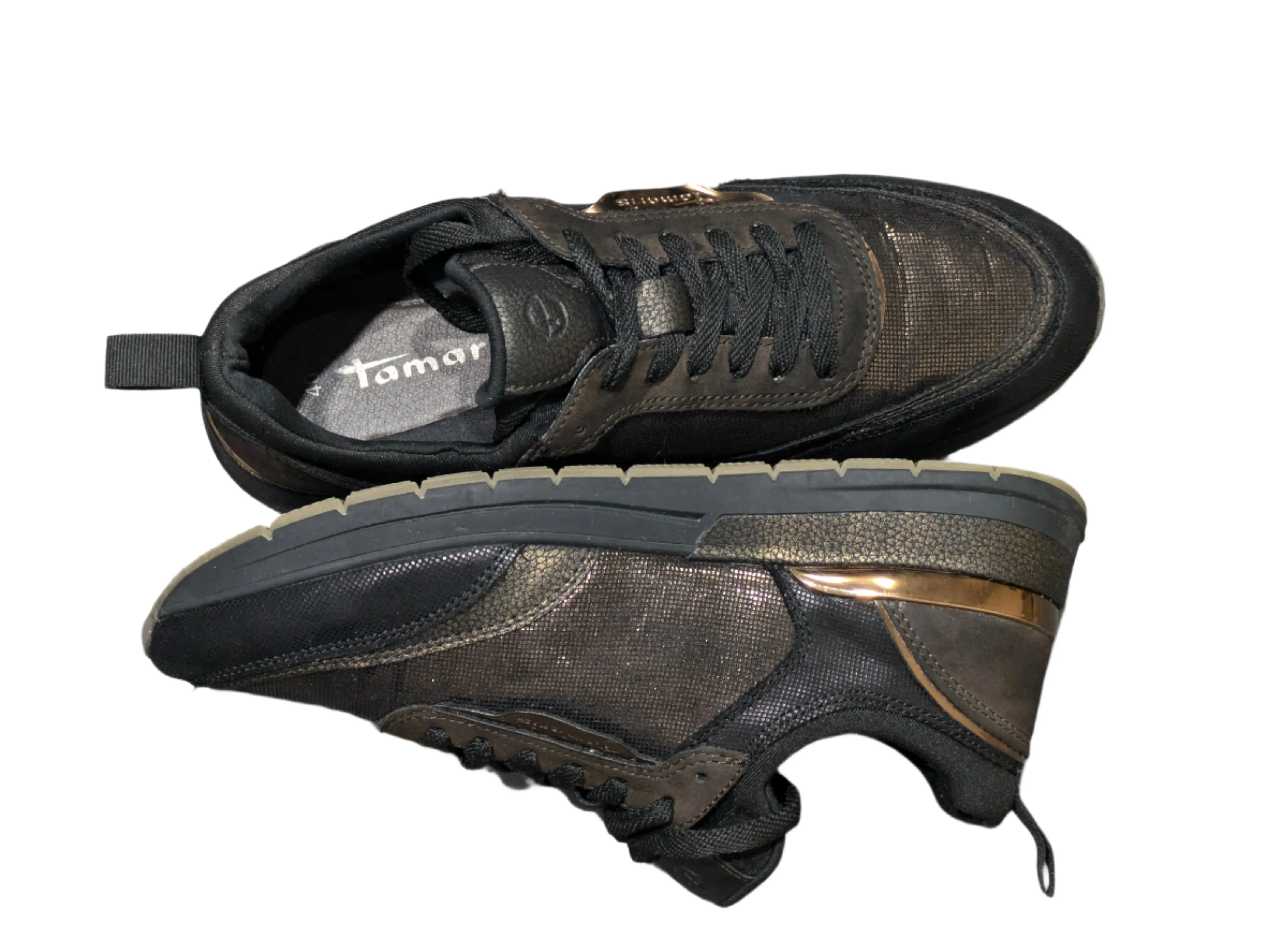 Tamaris Taja Side Zip Sparkle Trainer - Black Copper Size EU 40 / UK 7 / US 9