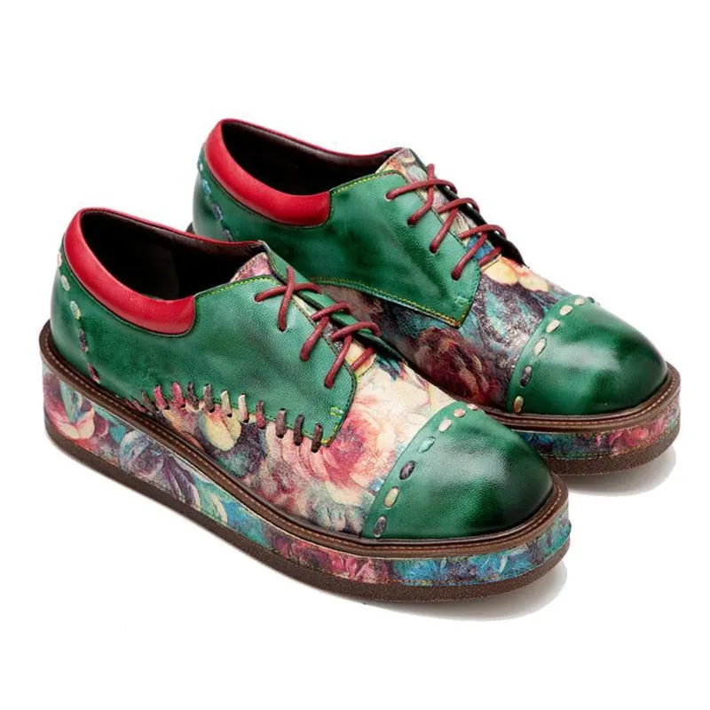 Timeless Elegance: Women's Green Leather Loafers, Genuine Sheepskin, British Lace-Up Design, Comfort and Style Combined