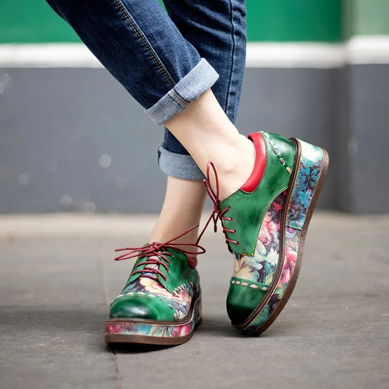 Timeless Elegance: Women's Green Leather Loafers, Genuine Sheepskin, British Lace-Up Design, Comfort and Style Combined
