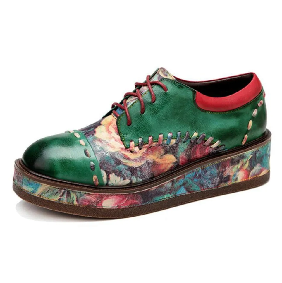 Timeless Elegance: Women's Green Leather Loafers, Genuine Sheepskin, British Lace-Up Design, Comfort and Style Combined