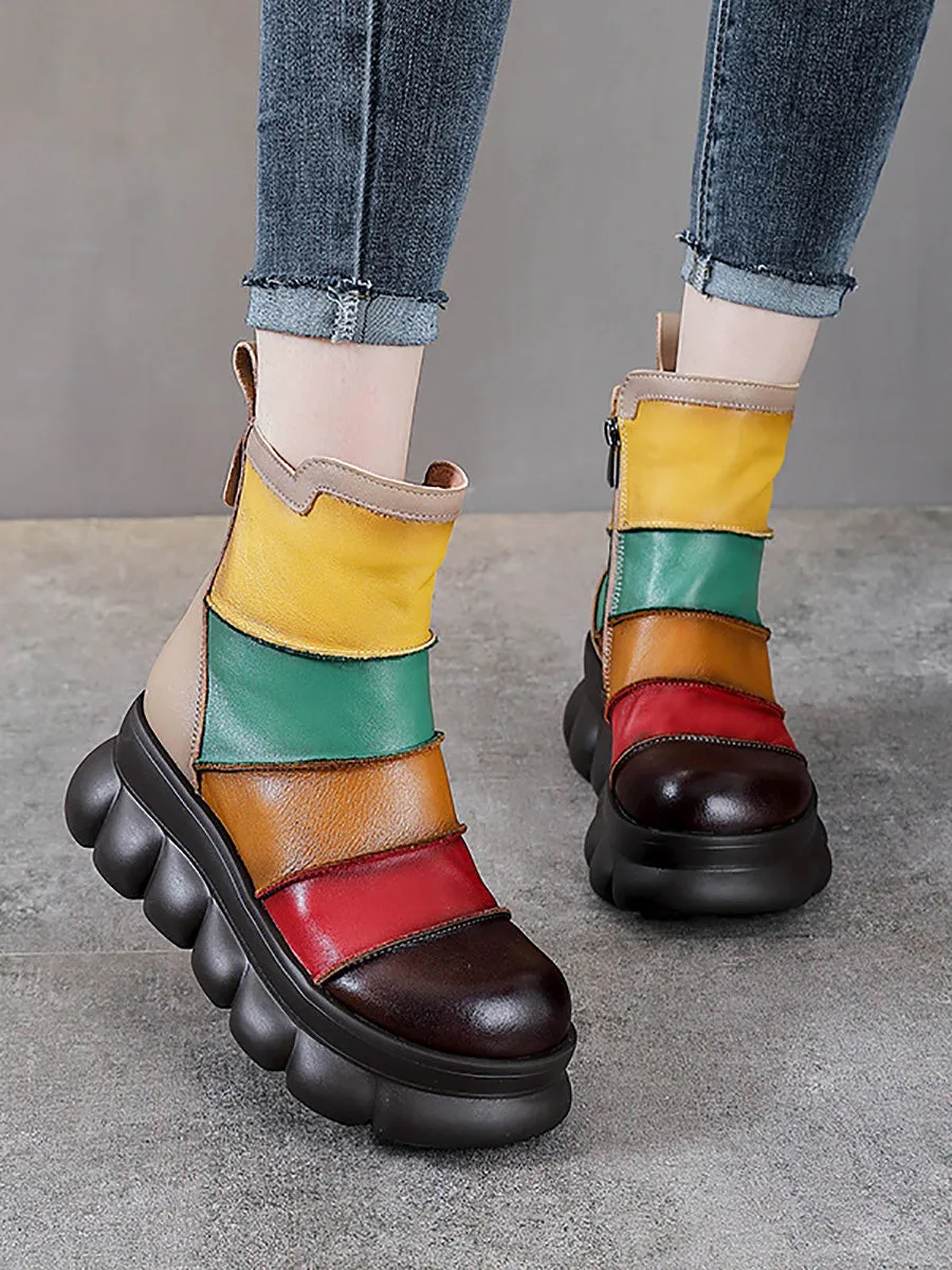 Women Casual Colorblock Leather Spliced Ankle Boots
