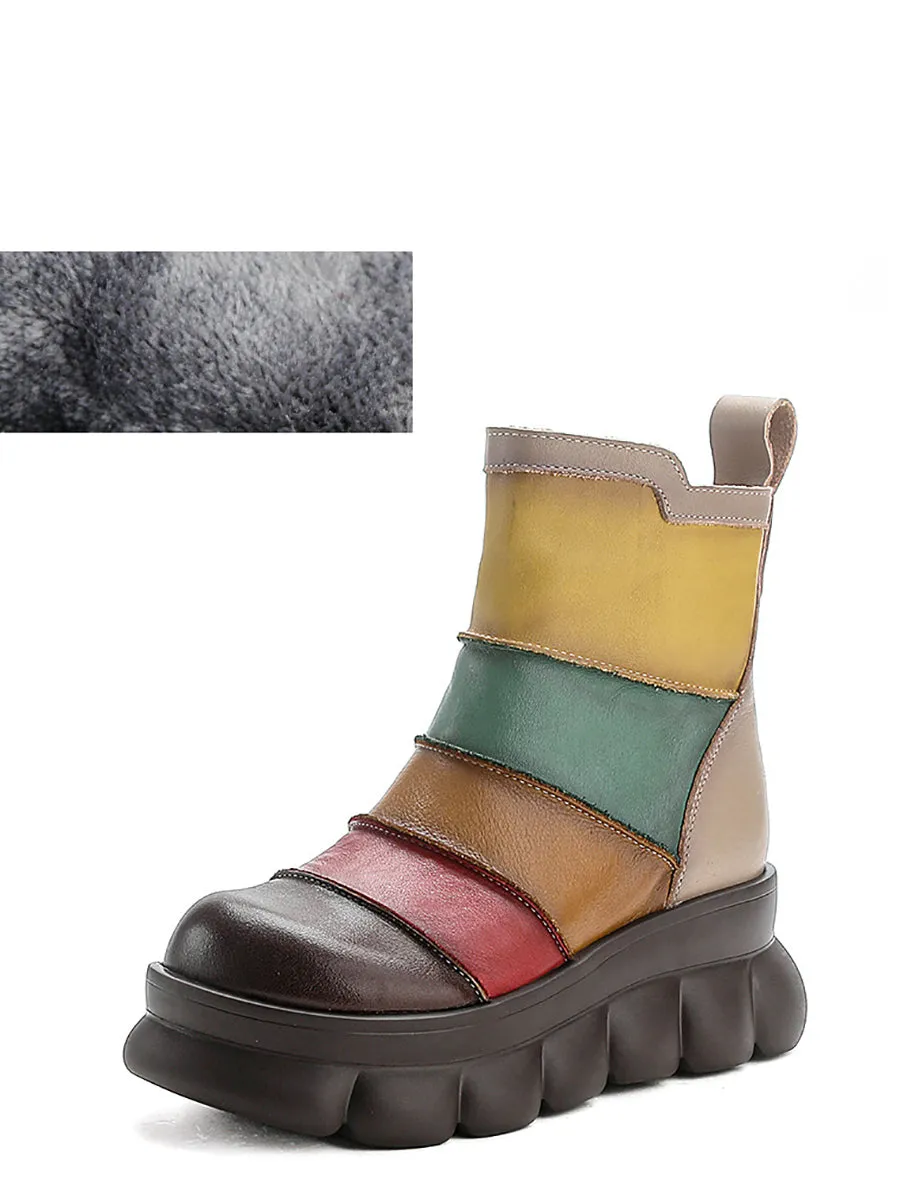 Women Casual Colorblock Leather Spliced Ankle Boots