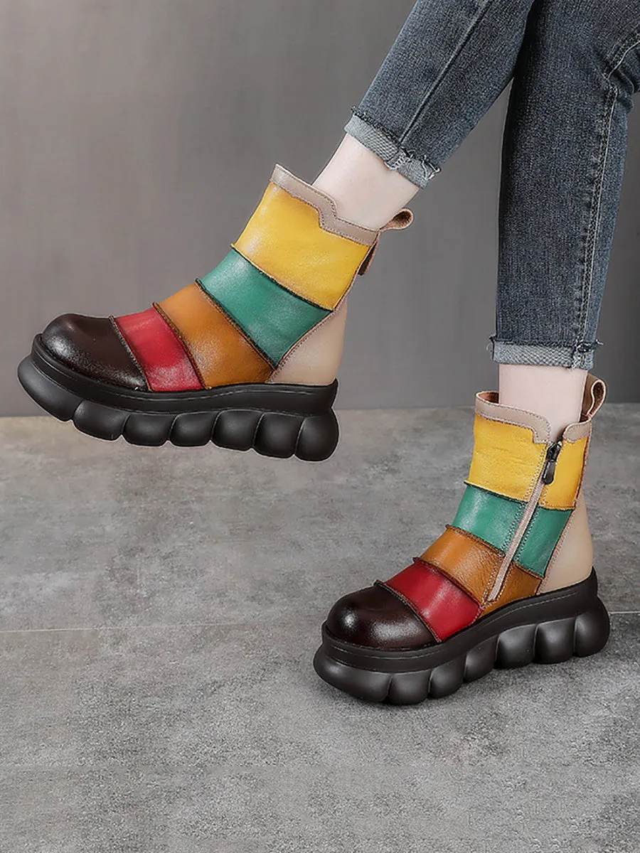 Women Casual Colorblock Leather Spliced Ankle Boots