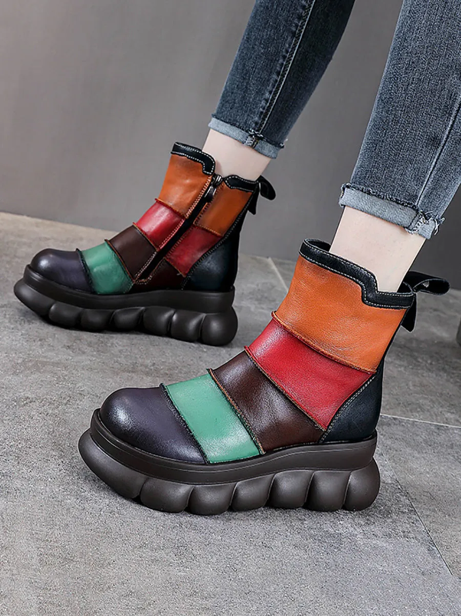 Women Casual Colorblock Leather Spliced Ankle Boots