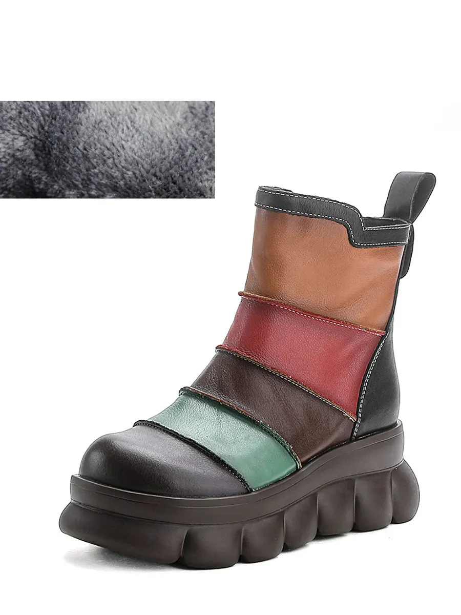 Women Casual Colorblock Leather Spliced Ankle Boots
