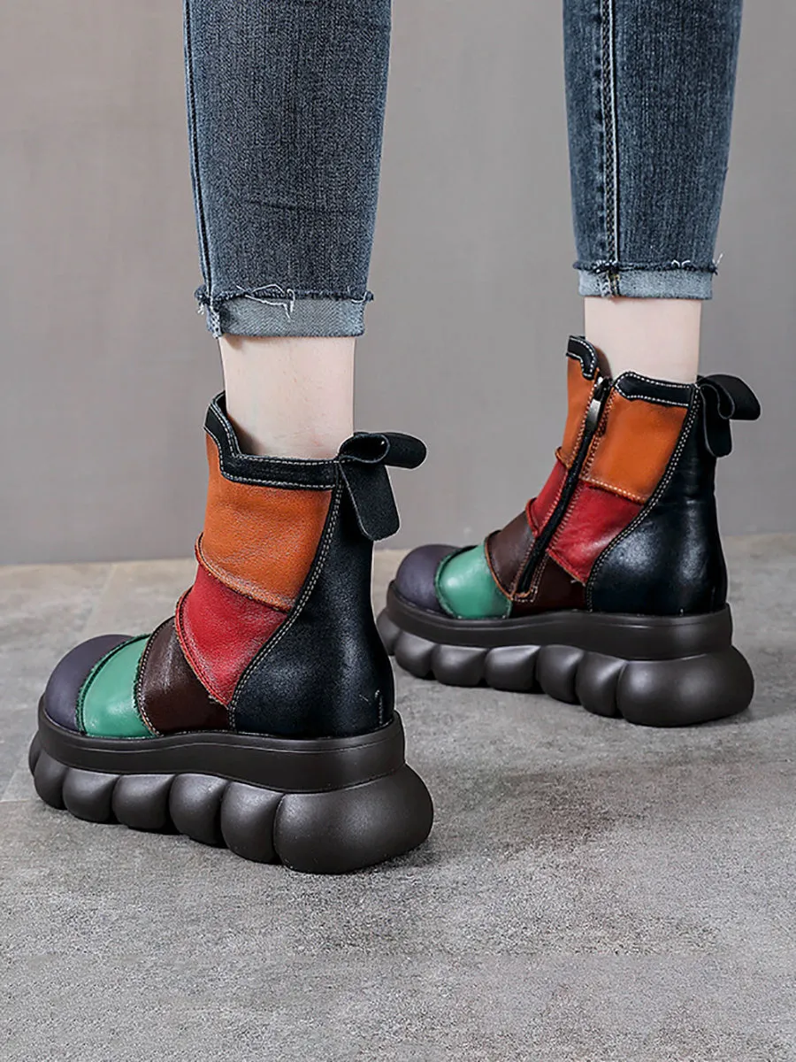 Women Casual Colorblock Leather Spliced Ankle Boots