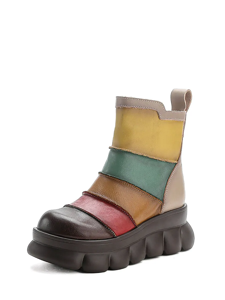 Women Casual Colorblock Leather Spliced Ankle Boots