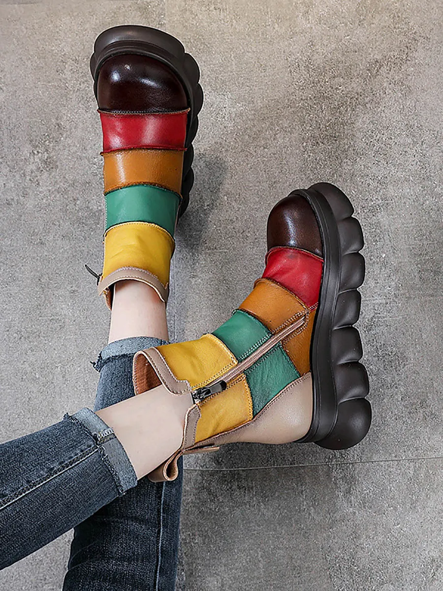 Women Casual Colorblock Leather Spliced Ankle Boots