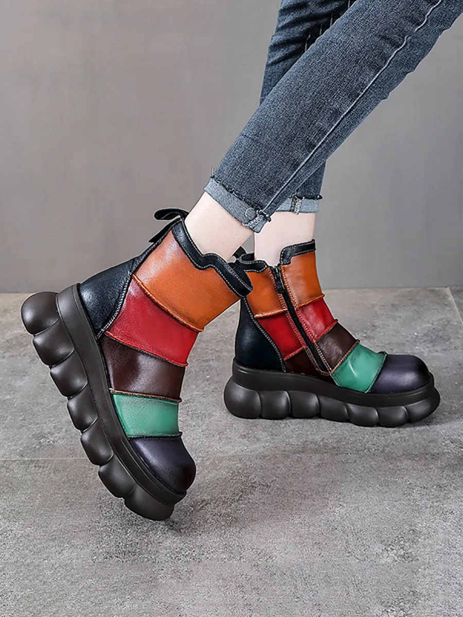 Women Casual Colorblock Leather Spliced Ankle Boots