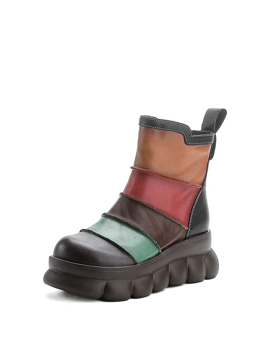 Women Casual Colorblock Leather Spliced Ankle Boots
