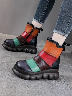 Women Casual Colorblock Leather Spliced Ankle Boots