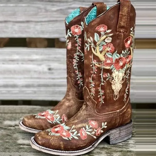Women's Chunky Heel Printed Embroidered Riding Boots 87538030C